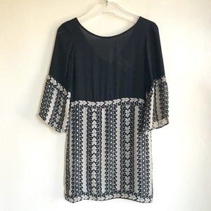 Eskell silk Chiffon Black White 3/4 Long Sleeves Patterned dress black white S